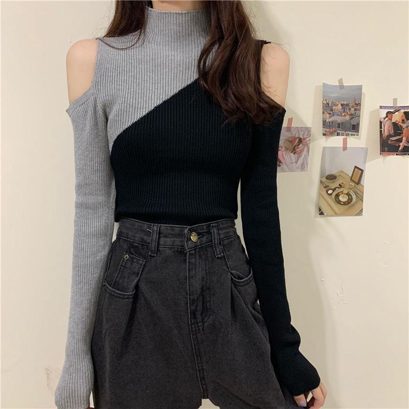 Свитер женский, полуводолазка без бретелек, сексуальный пуловер, трикотаж, тонкий корейский лоскутный топ, модный свитер, осенне-зимний джемпер