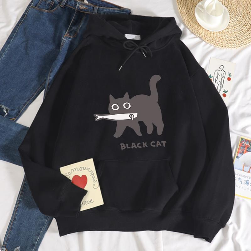 Casual Women's Hoodie Black Cat Eating Fish Printed Sweatshirt Breathable Loose Warm Pullover 2025 Autumn and Winter Streetwear