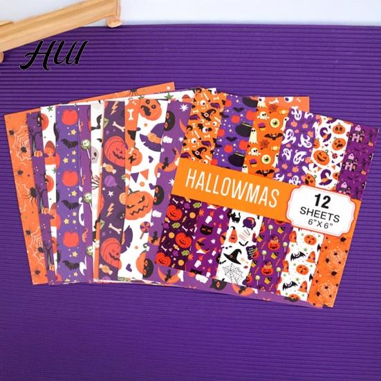 Classic Halloween Elements Stickers 12 Sheets Scrapbook Paper Set, 6x6in Double-Sided Craft Paper, Pumpkin Themed PaperPack Ghost Bat Pattern