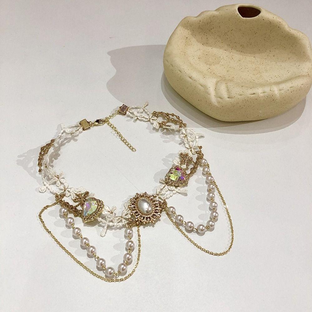 Exquisite Lace Pearl Choker Shiny Lolita Choker Necklace Fashion Rhinestone Tassel Necklace Women