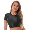 Womens Smooth Short Sleeve Crop Top Solid Color Round Neck Slim Fit T-shirt Sportswear Swimwear