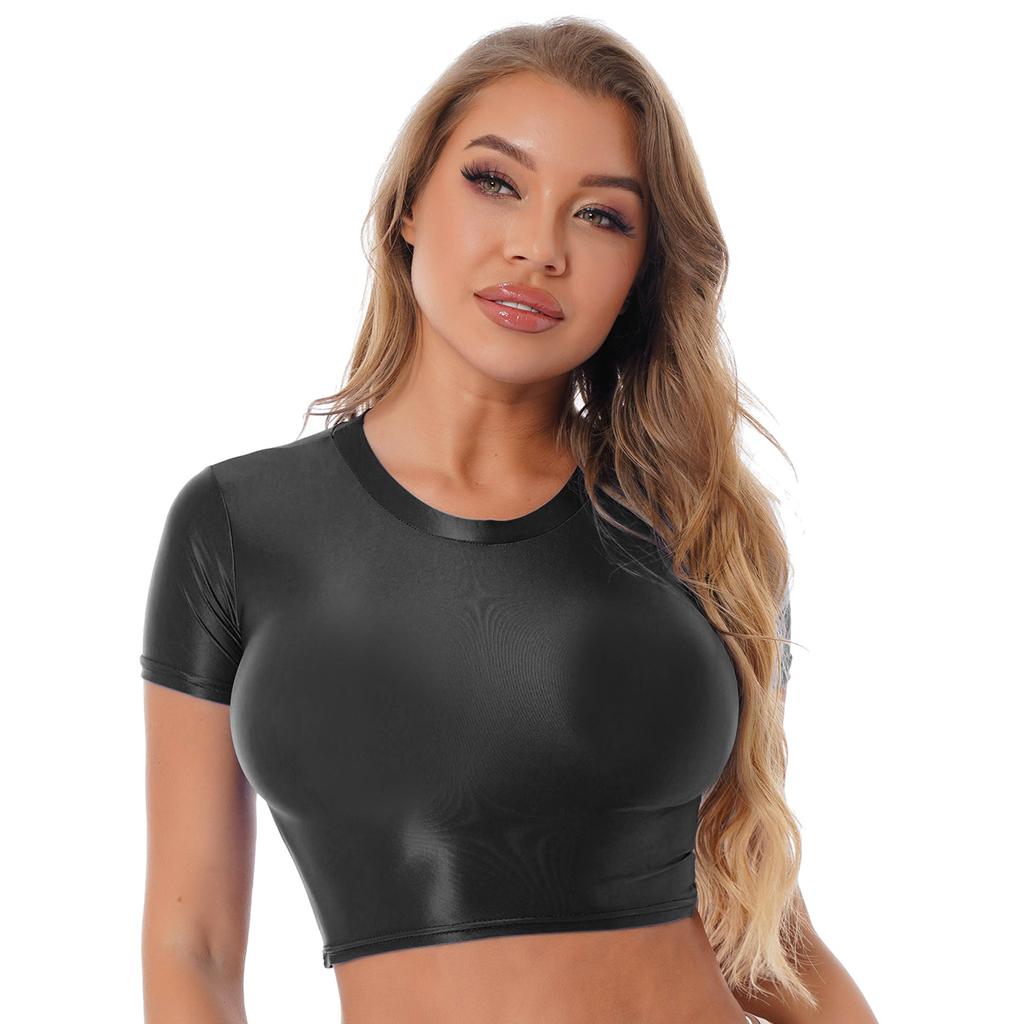 Womens Smooth Short Sleeve Crop Top Solid Color Round Neck Slim Fit T-shirt Sportswear Swimwear