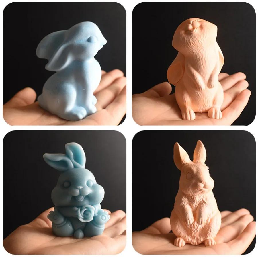 Силиконовые формы для свечей в виде пасхального кролика, держащие 3D-розу, инструмент для изготовления гипса, животные, смоляные формы, подарки ручной работы на день рождения, домашний декор