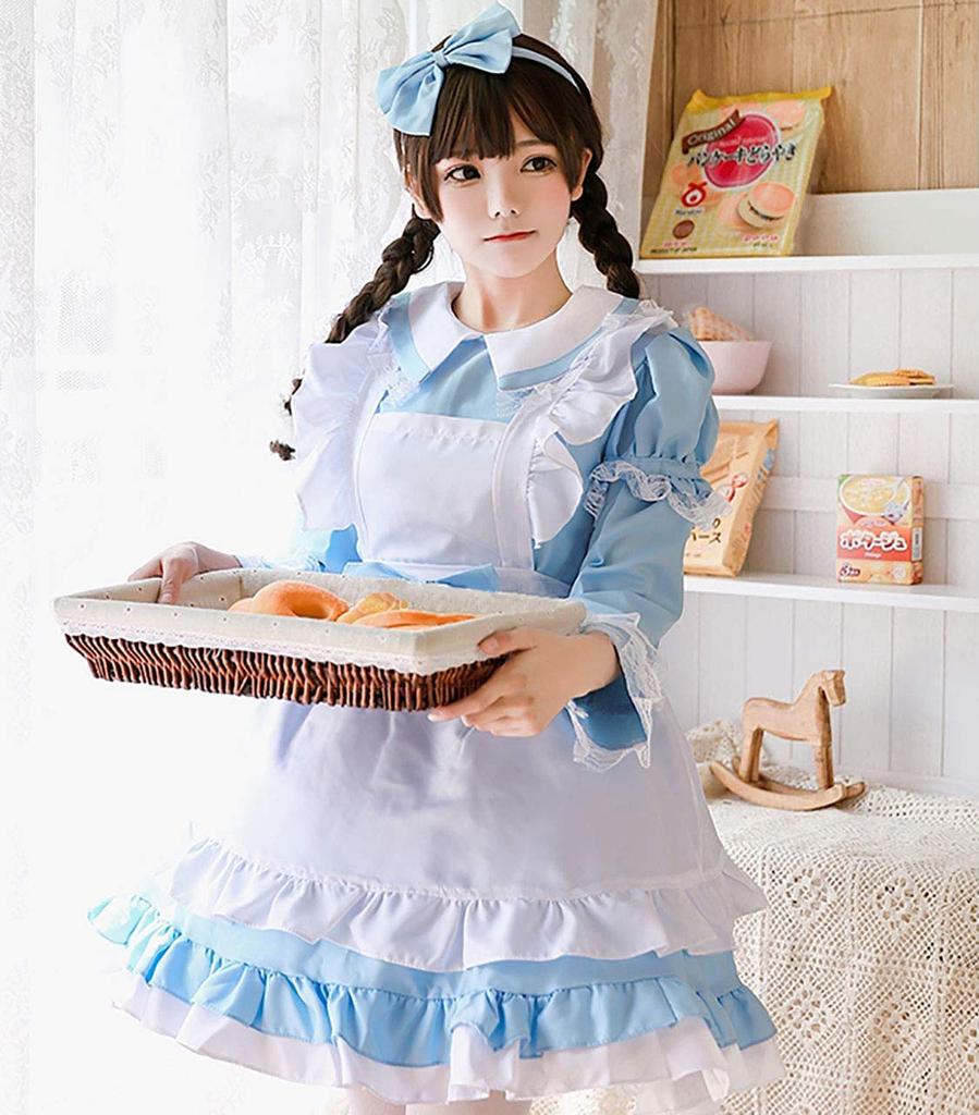 [Milky Time] Костюм горничной, Выбор цветов, Короткий или длинный рукав, Дизайн 2-в-1, Косплей горничной, Хэллоуин (Голубой, М)