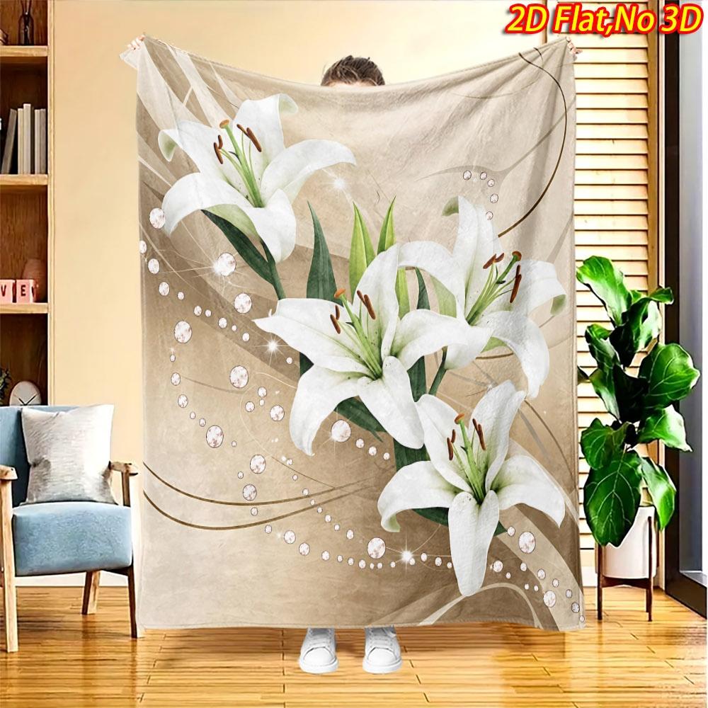 1pc Elegant White Lily Print Blanket Suitable for All Seasons, Soft Flannel Bedspread & Throw, Machine Washable 100% Polyester Bed Covering, Cozy Gift