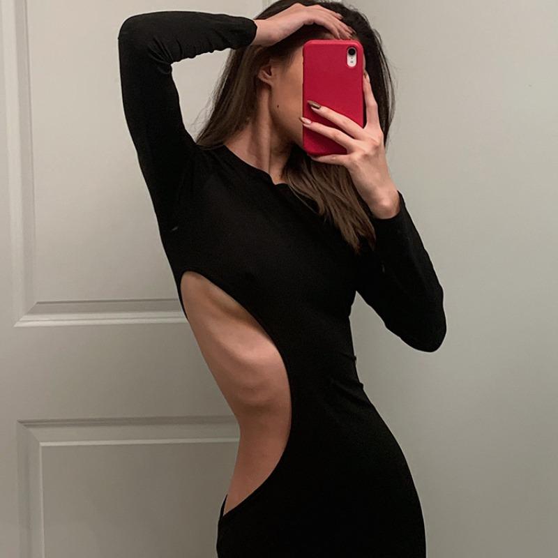 Elegant Sexy Party Hollow Out High Waist Black Dress Women Long Sleeve Slim Fit Casual Long Dress for Women Fashion Street Y2K Evening Dress 26182