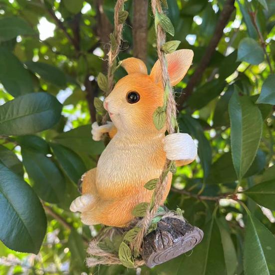 Hanging Swing Statue Resin Craft Rabbit Ornament with Imitation Rattan Rope Tree Stump Base Small Portable Home Garden Decoration