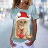 Fashion Cat T-Shirt Women's V Neck Tees Top Vintage Red Christmas Clothes Summer Chic Oversized Femele Clothing 2023 New Tee