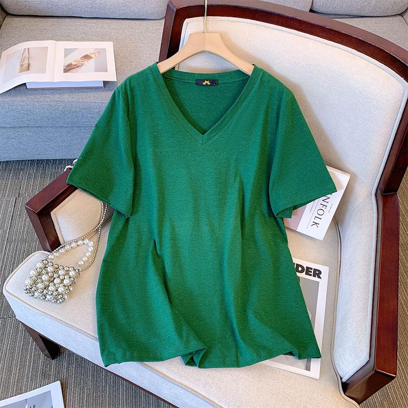 Женская футболка больших размеров летняя хлопковая с коротким рукавом свободная с V-образным вырезом