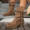 Женские полусапоги с бахромой, винтажные сапоги на массивном каблуке для верховой езды, модные ботильоны в западном стиле для женщин