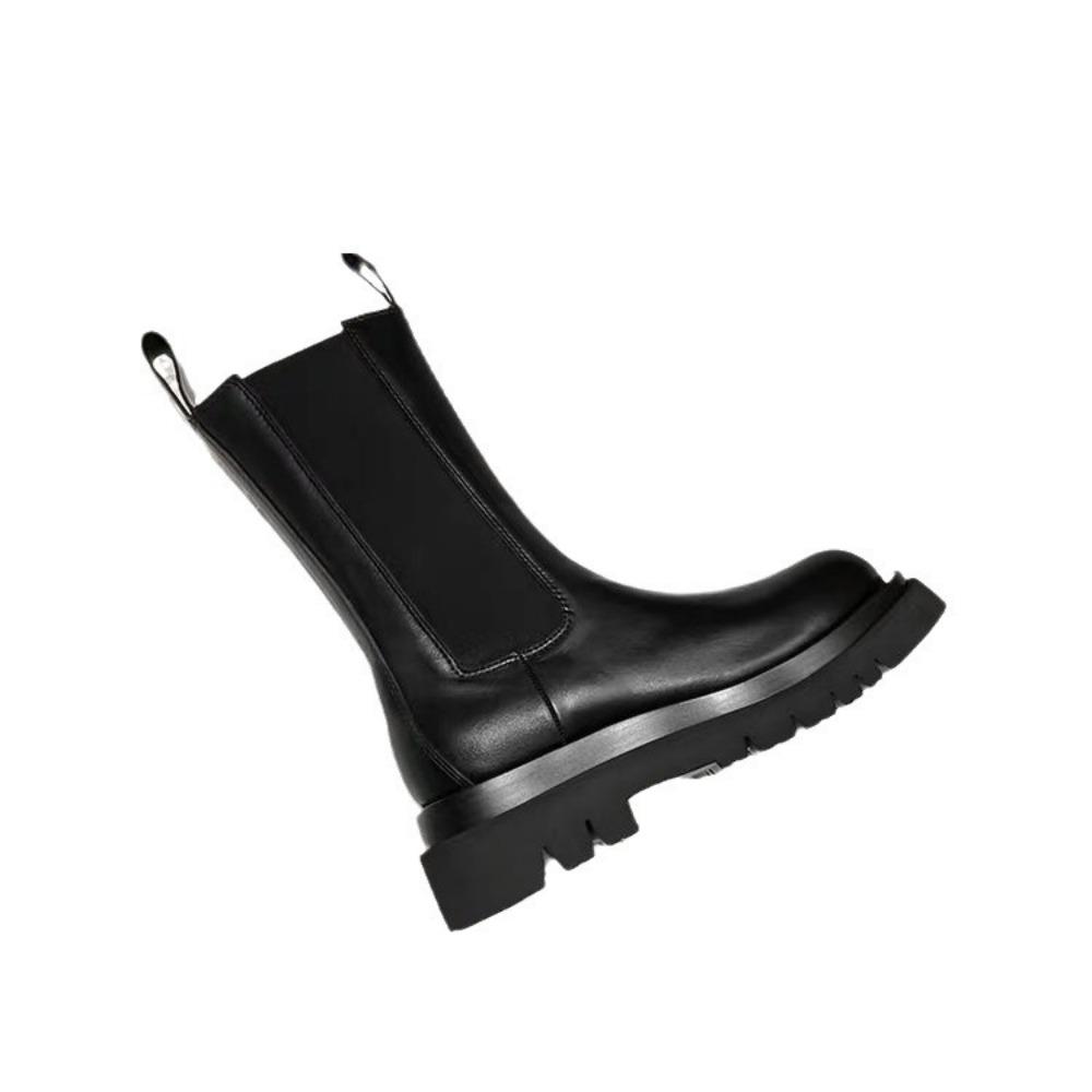 Классические ботинки челси женские черные ботильоны осень-зима 2024 кожаные короткие ботинки на платформе с эластичной резинкой