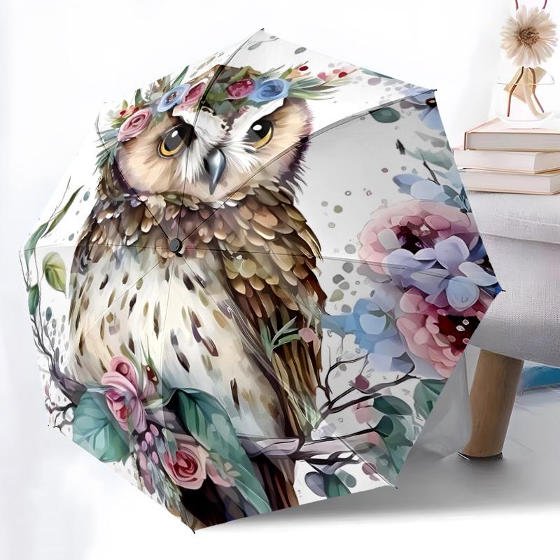 1pc Floral Owl Decor Auto-Fold Umbrella with One-Touch Open/Close - 8 Reinforced Ribs for Windproof Stability yy251118144