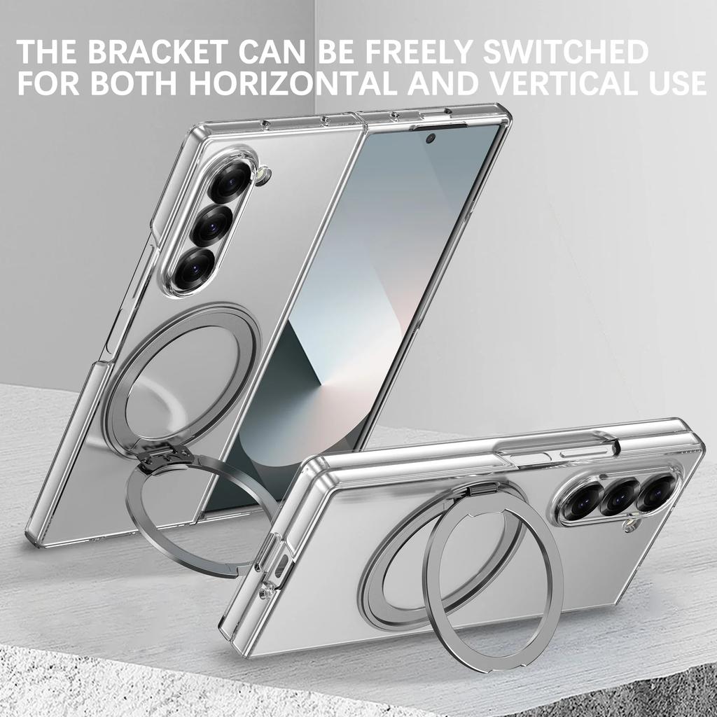 Transparent 360° Rotating Magnetic Holder Phone Case for Samsung Galaxy Z Fold 7 6 5 4 3 Wireless Charging Hard Shockproof Cover