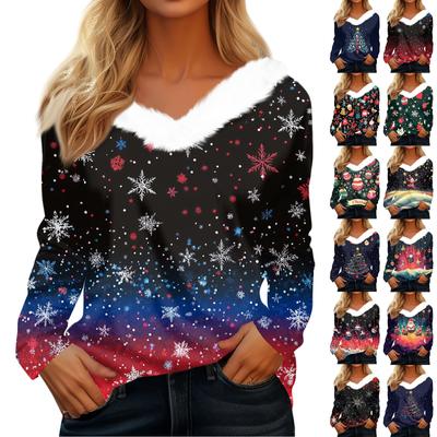 Рубашки с длинным рукавом для женщин Милые топы Рождественские принты Футболки Блузки Повседневные топы больших размеров Базовые топы Пуловеры