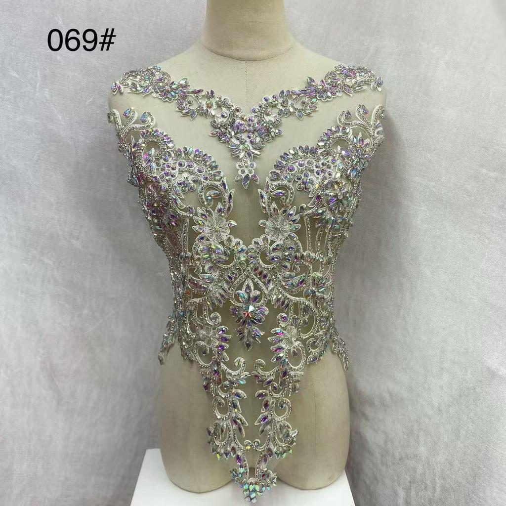 Rhinestone Tassel Dark Purple Beaded Lace Fabric with Motif Rhinestones Flower Shape Embroidery Trim for Wedding Dress