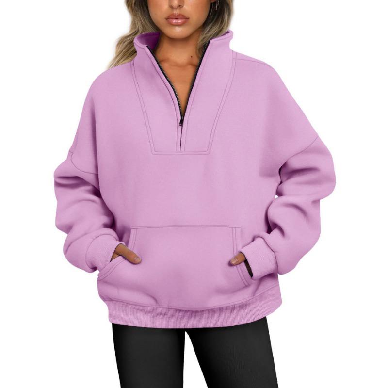 Autumn and Winter Standing Collar Solid Plus Size Sweatshirt Pocket Zip Women's Casual Loose Fleece Threaded Top