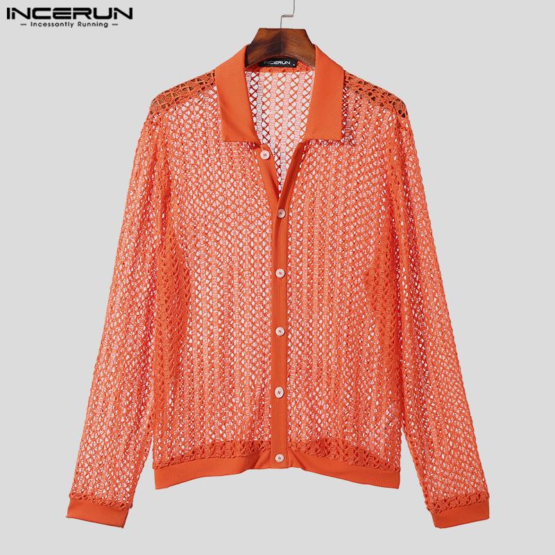 INCERUN Мужские рубашки с длинными рукавами и прозрачными пуговицами