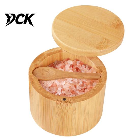Moisture Proof Spice Container Wood Salt with Swivel Magnetic Lid, Built-in Spoon Seasoning Solid Box Jar, for Kitchen Countertop Storage Organizer