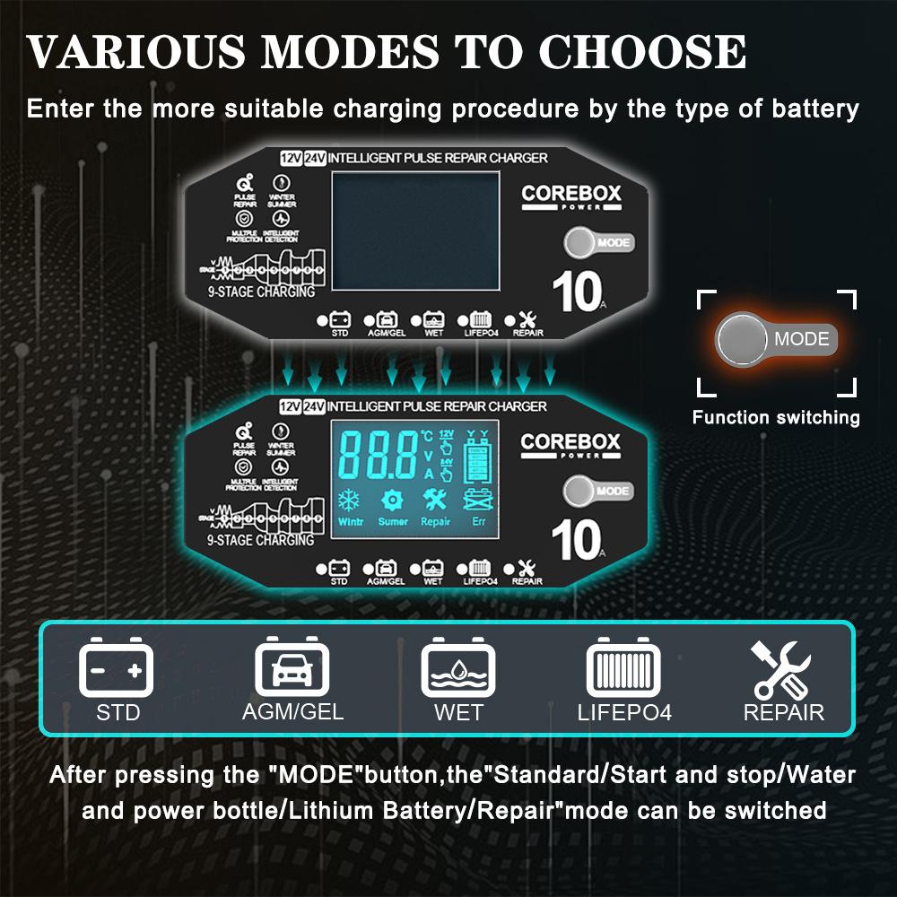 Автомобильное зарядное устройство Зарядные устройства для автомобильных и мотоциклетных аккумуляторов Интеллектуальное обслуживание свинцово-кислотных аккумуляторов AGM 12В 10А