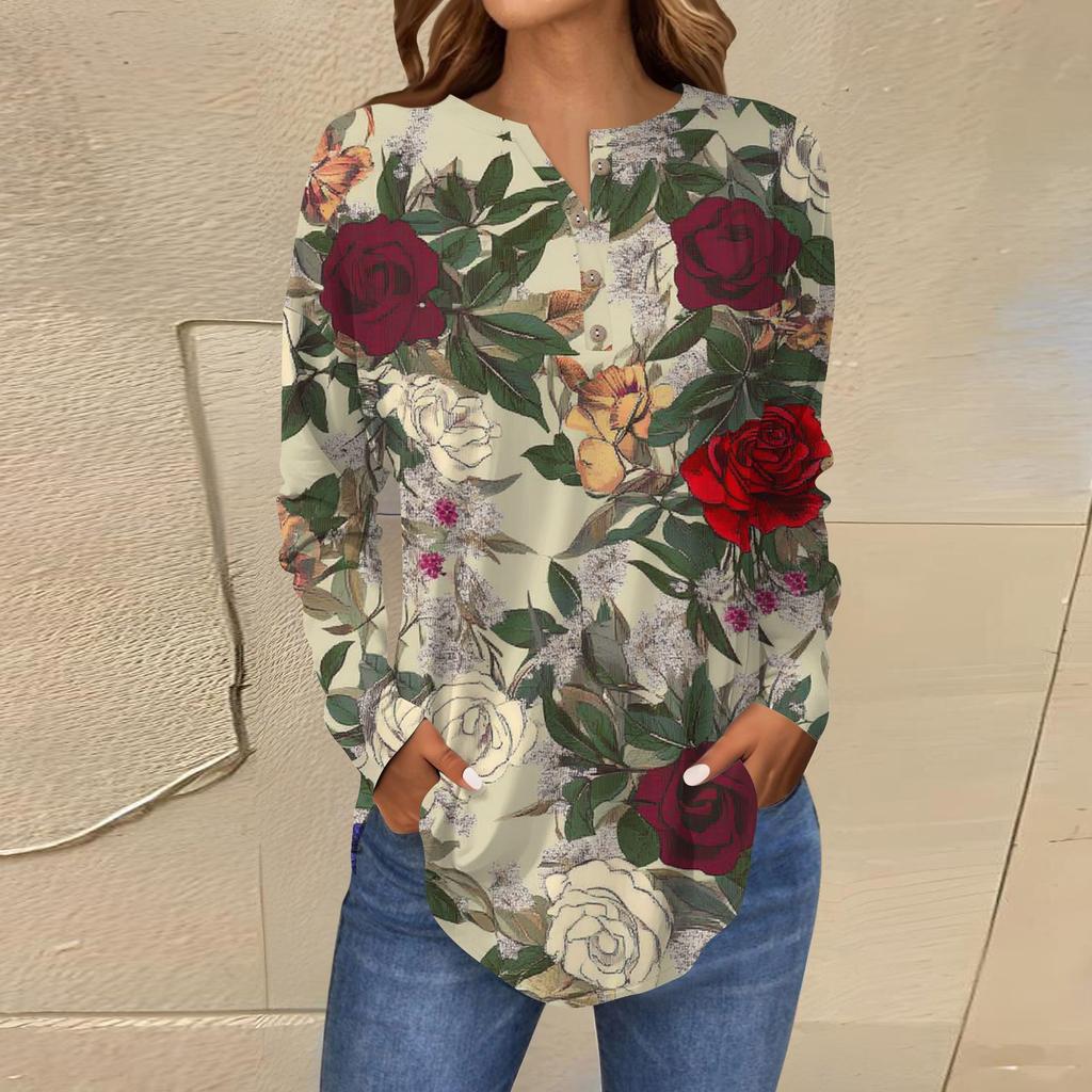 Модная свободная футболка с длинным рукавом и цветочным принтом на пуговицах, топ-пуловер