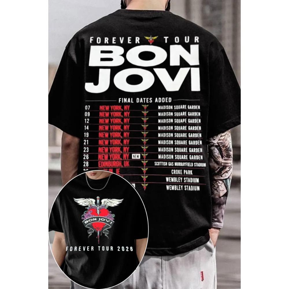 Summer Hot Sale Bon Jovi Band Album Collage Signature Graphic T-Shirt Y2K Men Women Gothic Print Crew Neck Lightweight Casual T Shirt