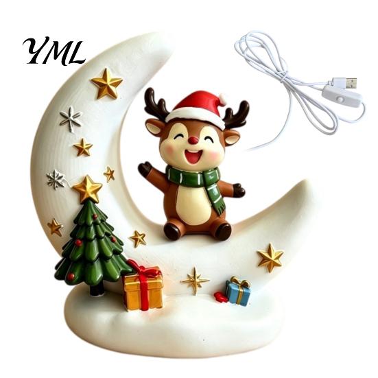Holiday Party Supplies Christmas Moon Night Light with Santa Claus, Resin Decoration Warm LED Atmosphere Lighting Glow, Tabletop Ornament for