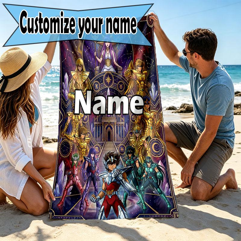 Custom Name Personalized Saint Seiya Print Beach Towel, for Trip Camping Beach Party Home Decor, Birthday Gift for Family & Friends