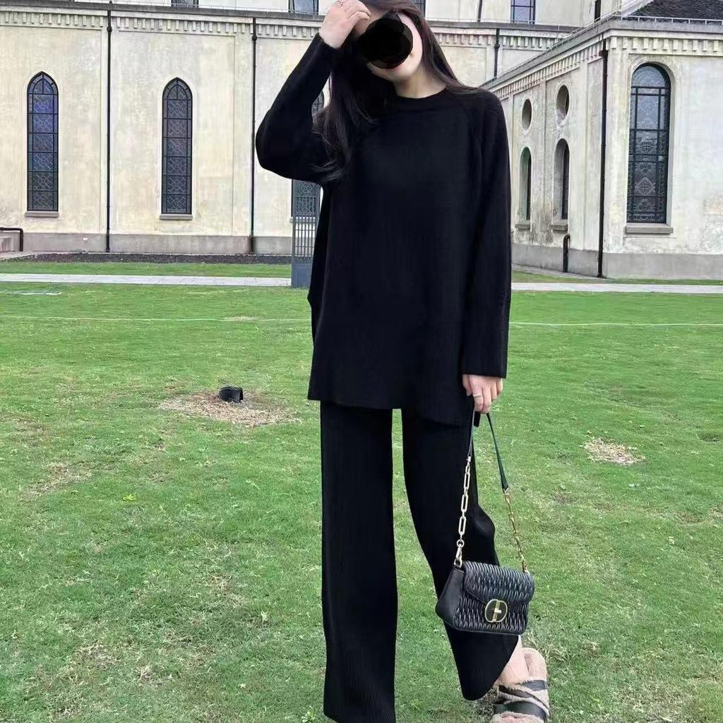 Женский комплект свитер с разрезом и брюки палаццо - Повседневный комплект-двойка в корейском стиле для осени/зимы