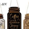 Rustic Farmhouse Wall Hanging 3Pcs Wooden Mason Jar Sign, Coffee Theme Decor with Housewarming Gift for Lovers Hemp Rope, Decorative Pendant