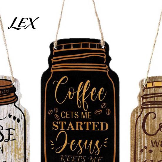 Rustic Farmhouse Wall Hanging 3Pcs Wooden Mason Jar Sign, Coffee Theme Decor with Housewarming Gift for Lovers Hemp Rope, Decorative Pendant