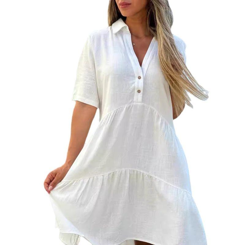 Cotton and Linen Dress2024 European and American Women's Clothing Loose Lapels Casual Short Sleeve Cotton and Linen Dress