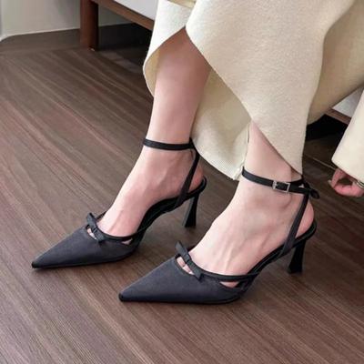 2024 Новые модные однотонные универсальные летние босоножки на высоком каблуке с заостренным бантом и пряжкой, одно слово, женская обувь Zaptos