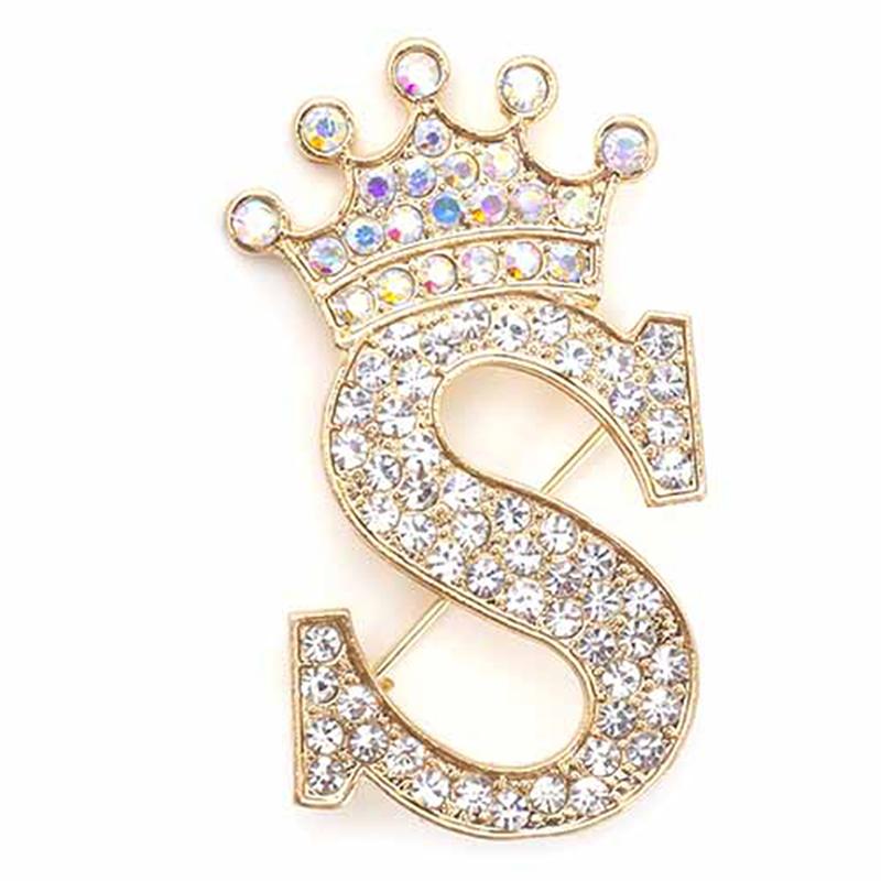 Fashion Crown 26 Initial Letters A To Z Crystal Rhinestone Brooch Pins Women