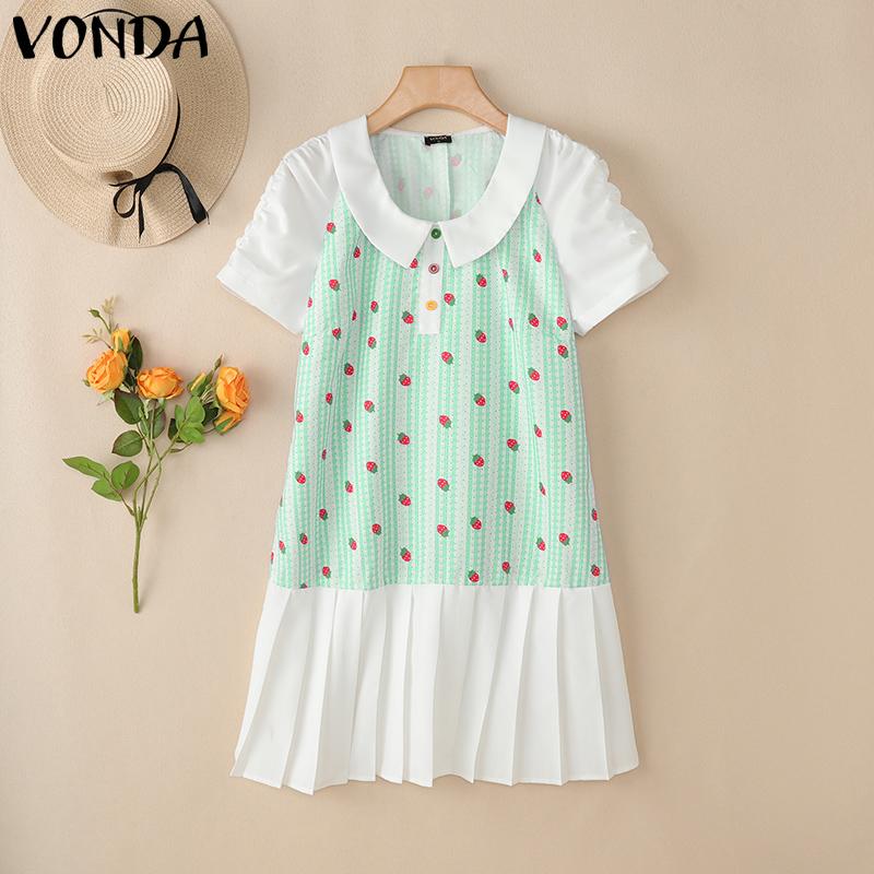 VONDA Women Lapel Neck Short Sleeve Plaid Print Patchwork Ruffled Mini Dress