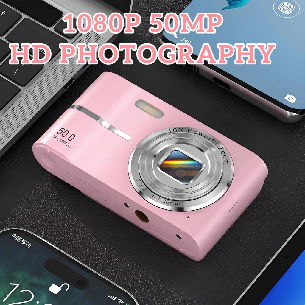 Digital Camera FHD 1080P 50MP AF Autofocus 16x Zoom Student Portable Compact Mini Video Camera (Rose Pink)