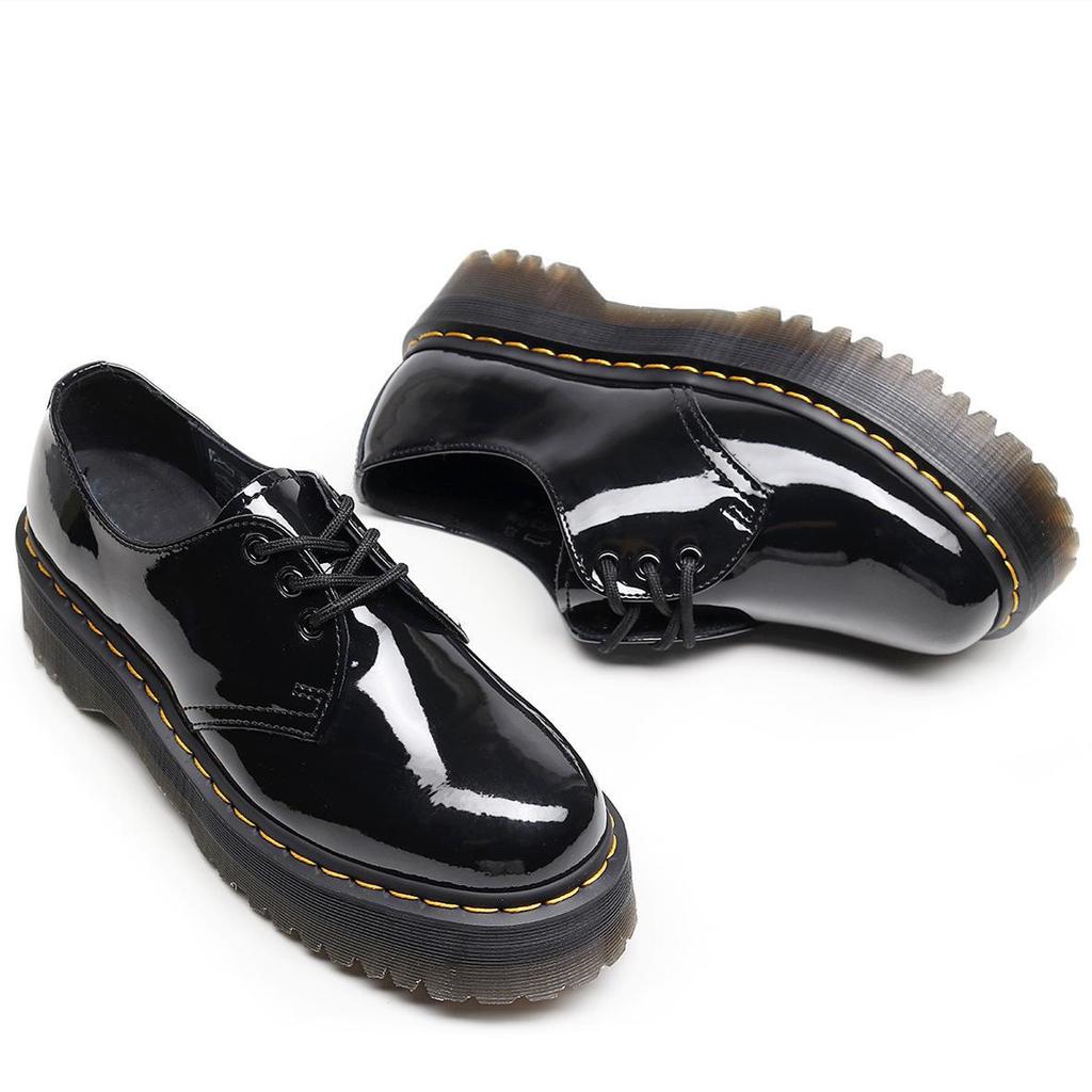 thick-soled 3-hole small leather shoes women's low-top, genuine leather mirror round head patent leather student muffin bottom short boots