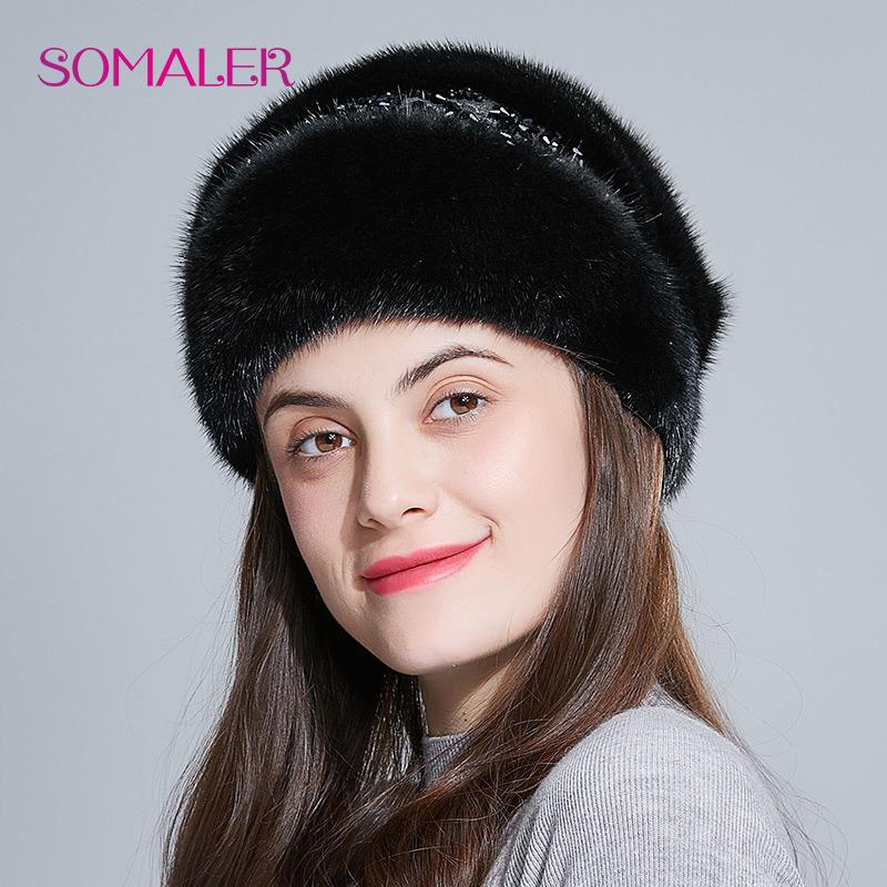 SOMALER Шапки из цельного норкового меха для женщин, зимние элегантные меховые шапки принцессы, модный стиль, теплая меховая шапка