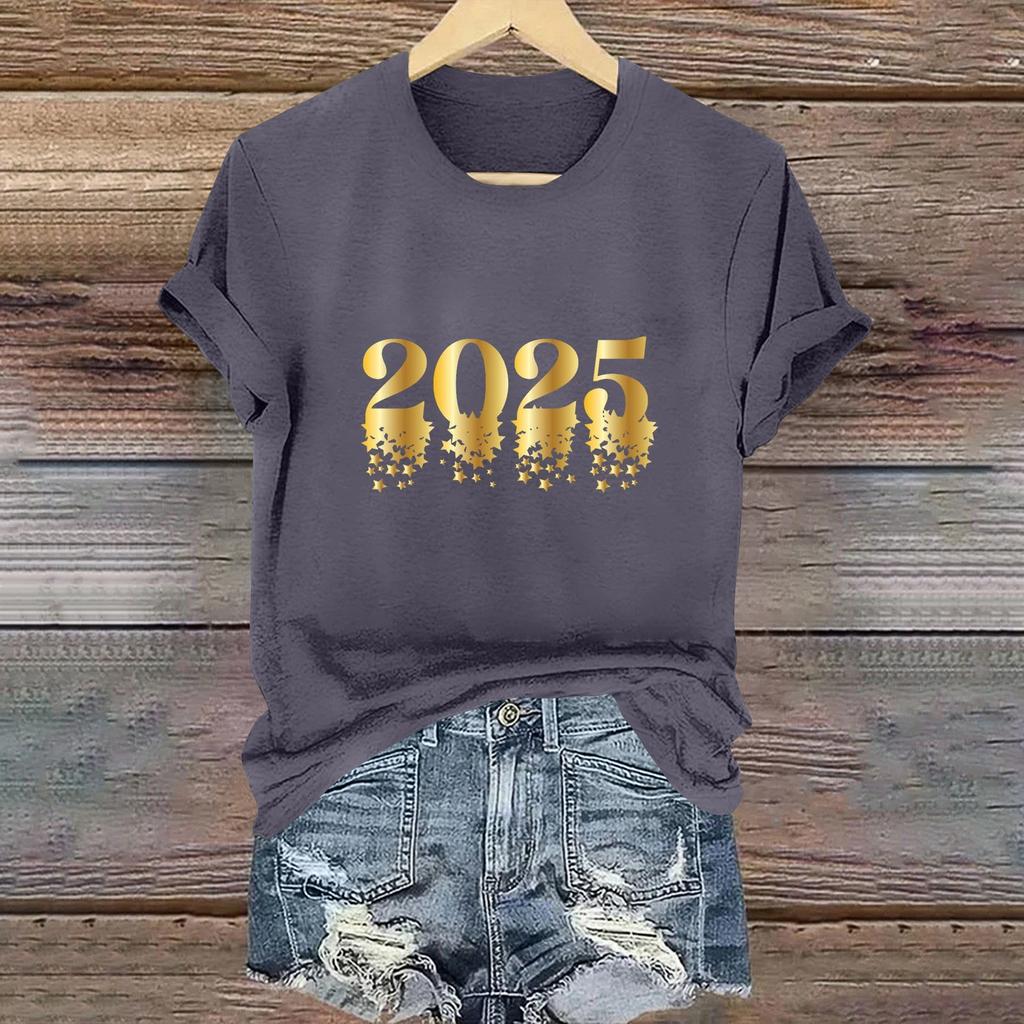 Ladies Casual 2025 New Year Printed Round Neck Short Sleeve T-Shirt Top