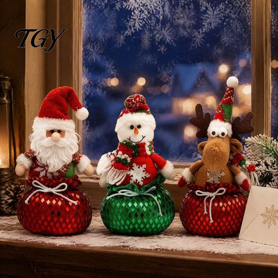 Decorative Storage Bowls Sequins Christmas Santa Claus/Snowman/Elk Ornaments with Candies Pocket, Elk Figurines for Red or Green Festive Figures