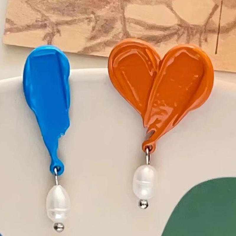 French Retro Oil Painting Colorful Asymmetrical Pearl Drop Earrings For Women Girls Unique Romantic Jewelry Gift