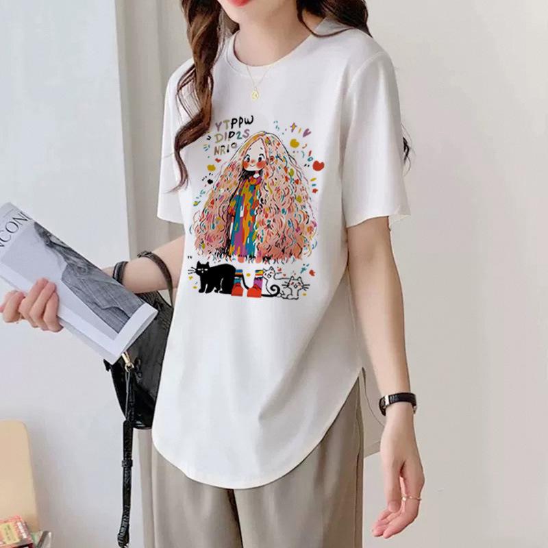 Футболка из хлопка с короткими рукавами и неровным закругленным подолом для женщин на лето, свободная облегающая футболка средней длины, универсальный топ