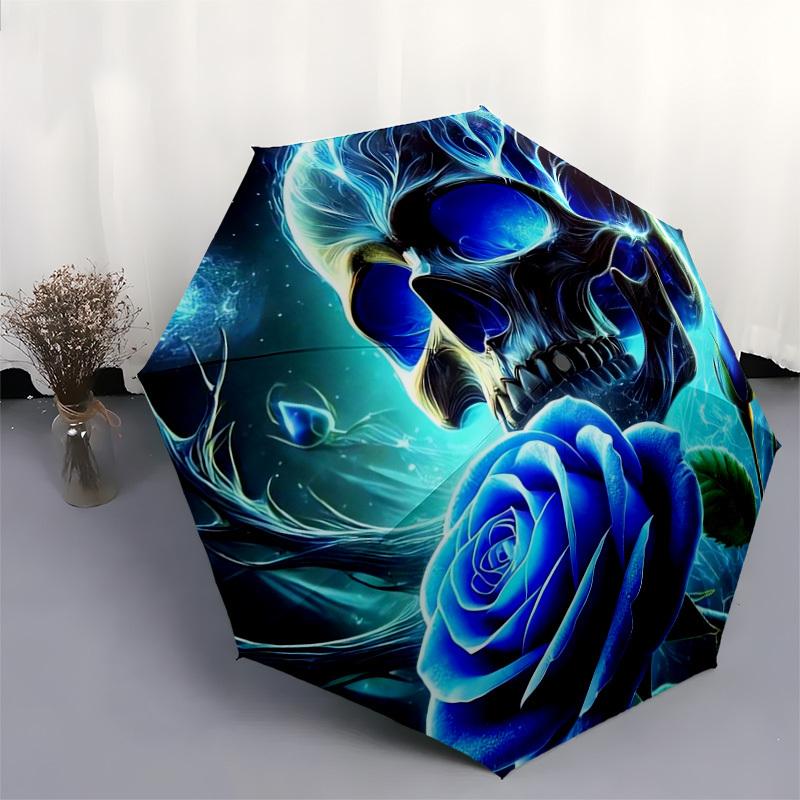 1pc Blue Rose Skull Artwork Umbrella with Plastic Handle,Suitable for All Seasons Home Travel Outdoor UmbrellaDD1532