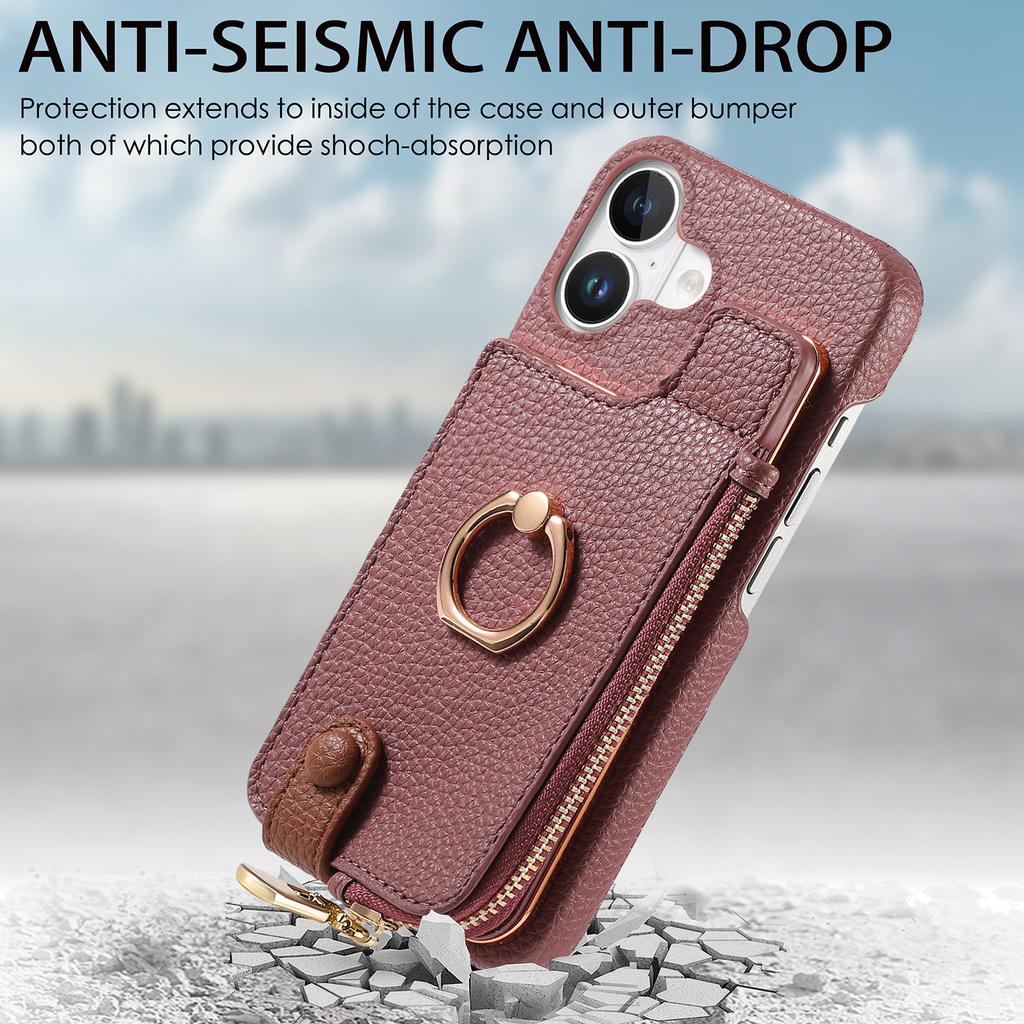 Y3 For iPhone 16 Case Card Holder Kickstand Leather+TPU Phone Cover with Zipper Pocket - Purple