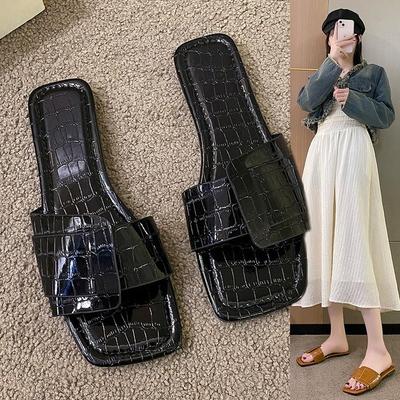 Летние новые женские повседневные пляжные прохладные шлепанцы на плоской подошве с квадратным носком