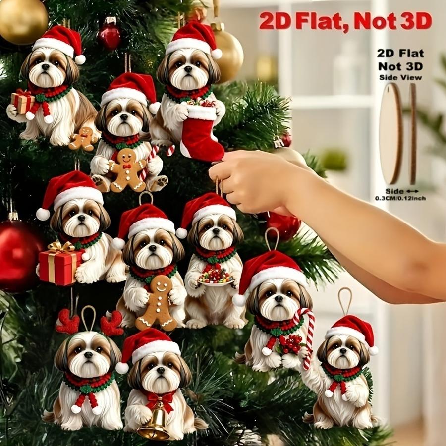 1/5/10/20/50/100pcs 2D Flat, Set of 10 Cute Shih Tzu Figurines to Hold Christmas Gifts, Christmas Tree Ornaments, Wooden Christm