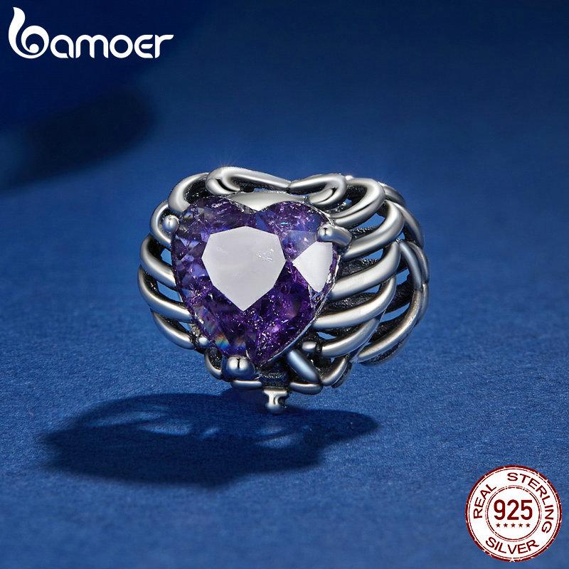 BAMOER Стерлингового Серебра 925 пробы Скелет Сердце и Бабочка Шарм Бусины Череп Бабочка Силиконовый Подвеска для Женщин Браслет DIY Ювелирные Изделия