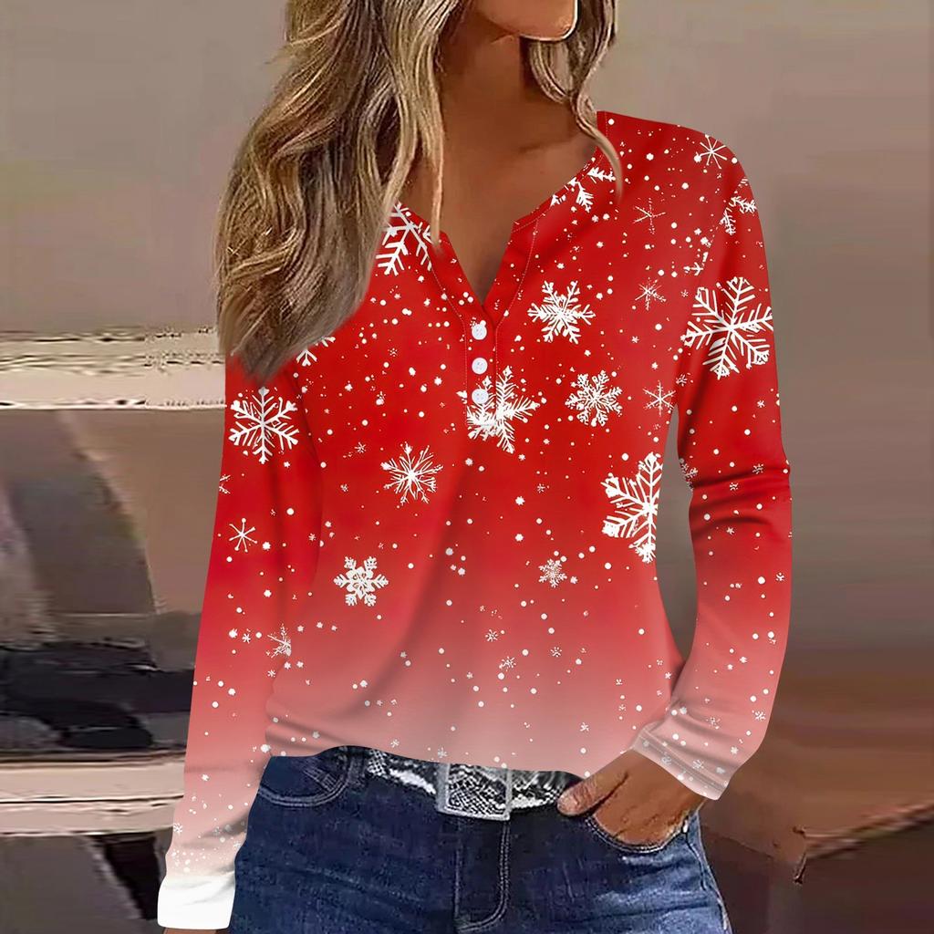 Women's T Shirt Tee Christmas Print Button Long Sleeve Daily Weekend Fashion Basic V- Neck Regular Top