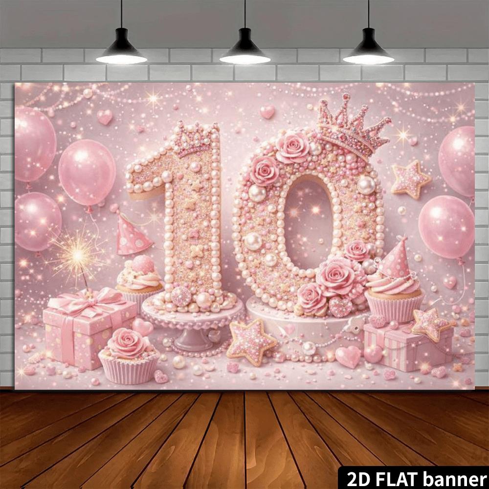 Фон для 10-го дня рождения на 2D-плоскости - Розовые шары и блестящая цифра "10" и