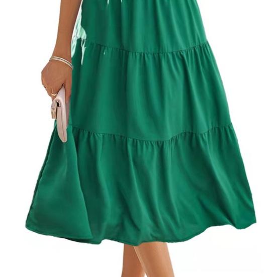 Женское платье миди с короткими рукавами и сборками, летнее длинное плиссированное платье с круглым вырезом, повседневное многослойное струящееся платье А-силуэта