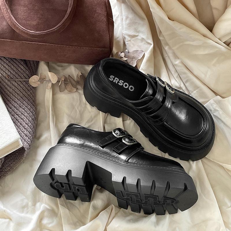 Французские туфли в стиле ретро с круглым носком на толстом каблуке и платформе, женские кожаные туфли 2025 года, новые осенние универсальные туфли с юбкой, увеличивающие рост